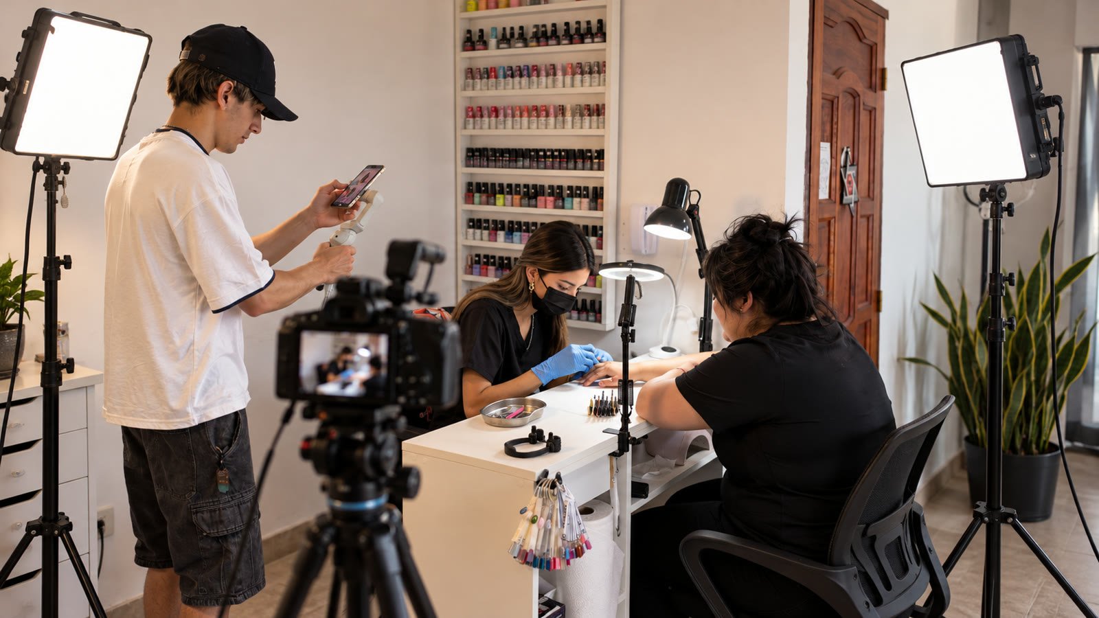 Rodaje en un local: cámara en trípode, luces y equipo de SEE filmando